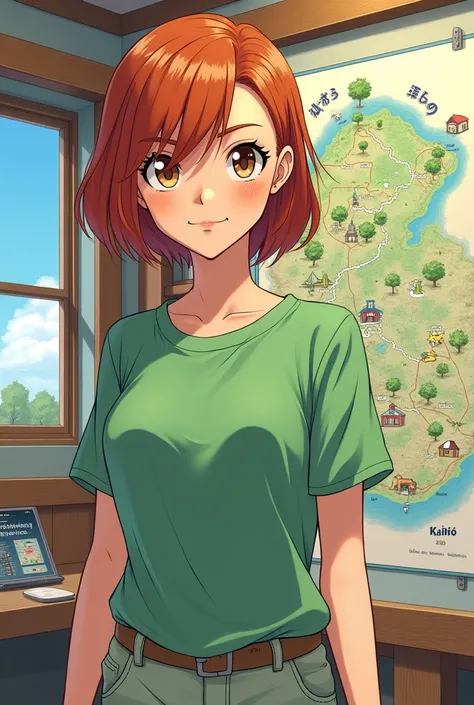 Dessine moi dans un style manga une femme mature avec des cheveux acajou, des yeux noisettes, quelques tâches de rousseur, un short et un t shirt vert. Elle se tient devant une carte de kanto dans un centre pokémon