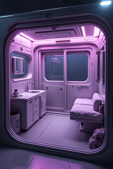 (photorealism:1.2), A medium space station room with a toilet, a bed, a small kitchen, a table, and a shower, without windows, with weak purple lighting, Sci fi.