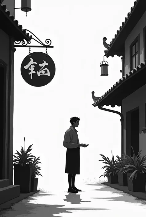 anime, design,  black and white image, written Chinese restaurant sign "By your side, but.."