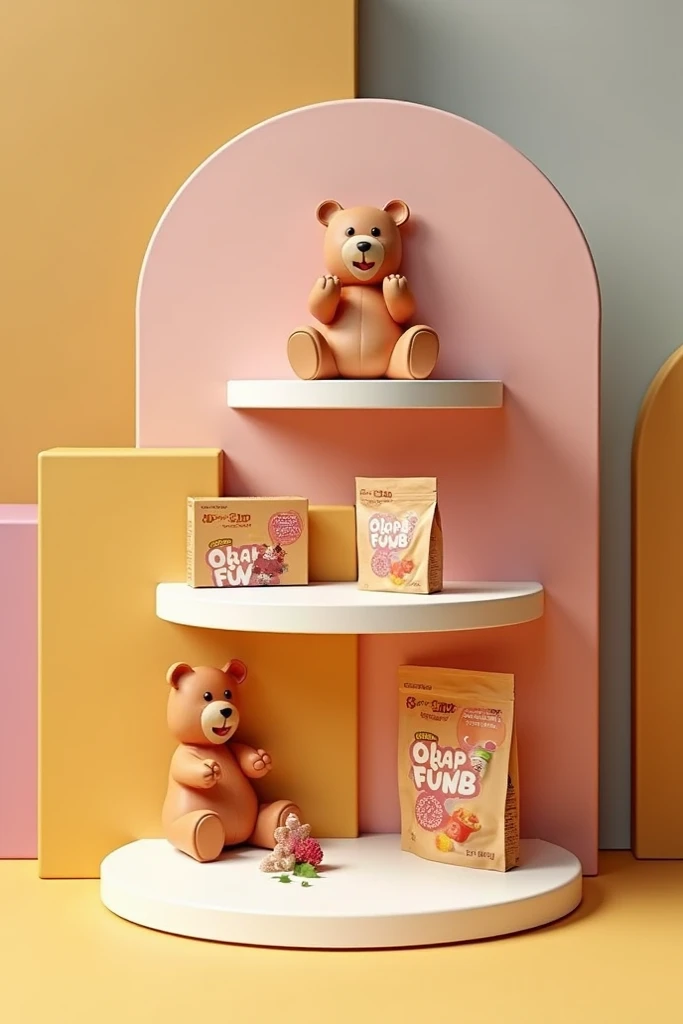  A shelf for a gummy product, with a reference cardboard bear , for a company