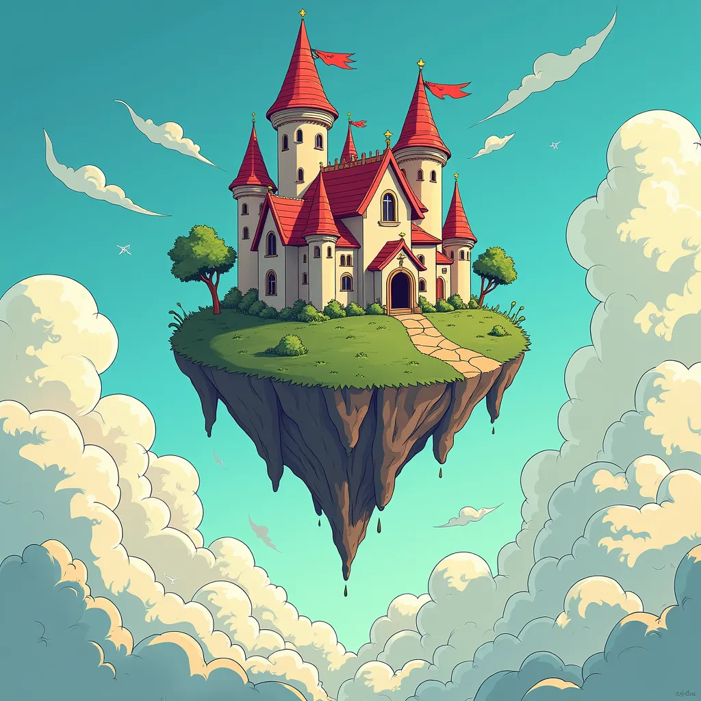 comic，a castle flying in the sky, full with air