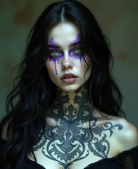 Create an image of a witch , she has white skin,  each of her eyes is green and the other purple,  her entire body has a tattoo of a symbol , she is a necromancer, her hair is black, corpo intero do personagem 