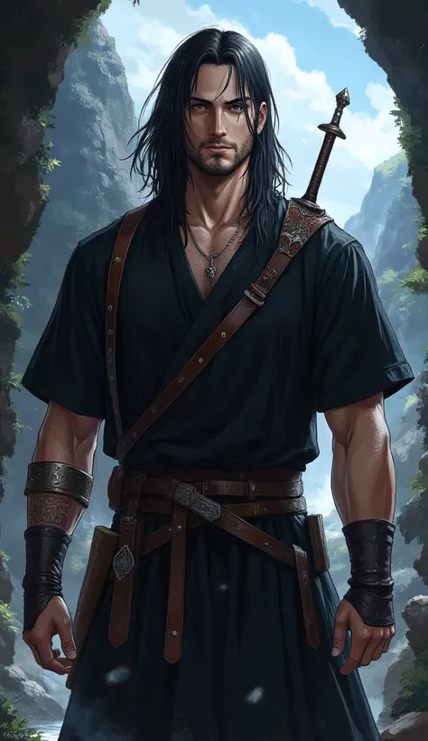 Thorgal aigerson, 30 years old, light three-day stubble, long black straight hair, black tunic with short sleeves to the knees, leather belt, quiver hanging on the back, sword attached to the belt, a man coming from the stars and taken in by the Vikings, a...