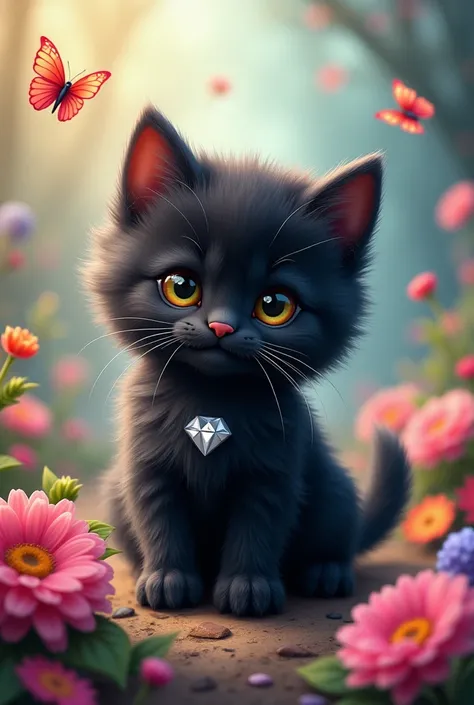 I need a poster for a pin the tail on the cat game, so I need to see the cats whole body, with her tail near the middle of the image. The cat should be a fluffy black kitten with a small white diamond on her chest.  Make the background magical with lots of...