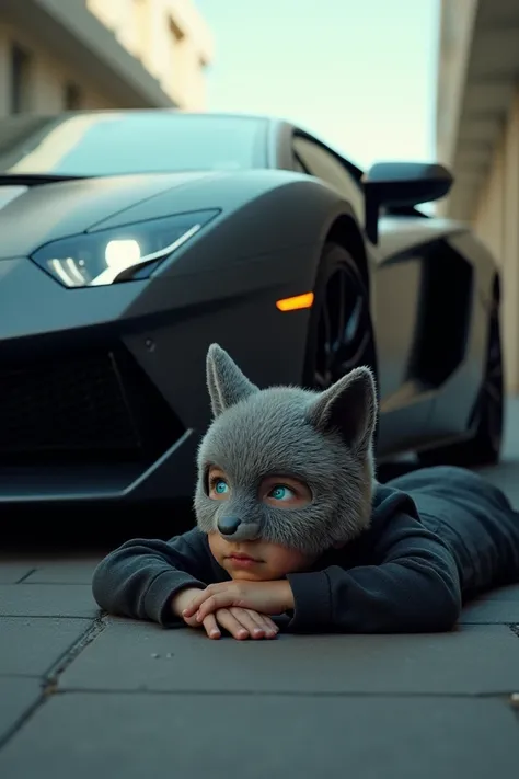  Of a boy on his back named Luis Rodríguez next to a modern Lamborghini. He wears a mask of a wolf with blue eyes  