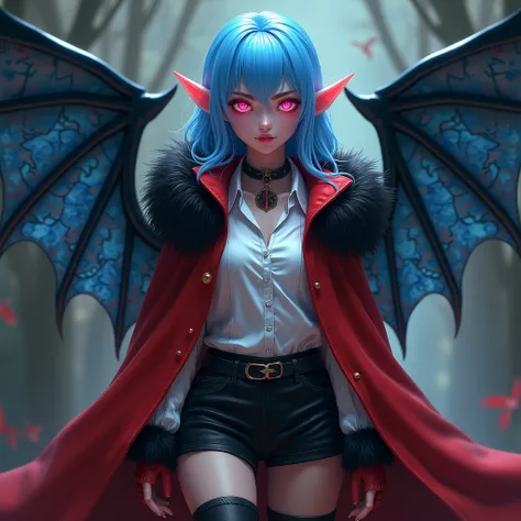 Appearance: Vampire girl.  Sky blue hair .  pink eyes . Pointed ears.  Blue leather wings behind the back. 
 Clothing style :  a white shirt . red cloak. black fur . gloves.  Black shorts and stockings . Red boots with fur .  Neck Collar .