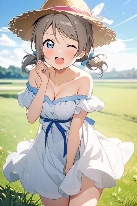 1girl, solo, looking at viewer, cowboy shot, white dress, on grass, blue sky, strapless dress, cleavage, collarbone, off-shoulder dress, straw hat, wwin annoyed, happy, Pretty face, cute, adorable, cute eyes, cute look, tender, cute mouth, id_you_watanabe,...