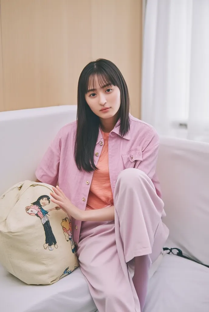 a thai woman 20 years laying on the bed ,sleep on right side, head on pillow, she is wearing a cute, pastel-colored outfit, feat...