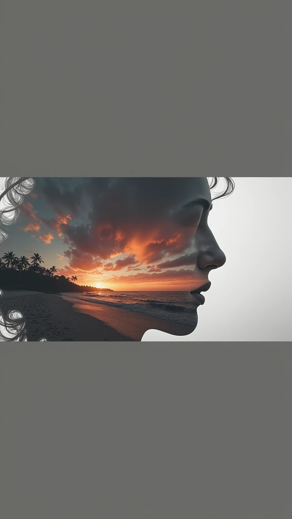 high quality, 8K Ultra HD, A beautiful double exposure that combines an goddess silhouette with sunset coast, sunset coast should serve as the underlying backdrop, with its details incorporated into the goddess , crisp lines, The background is monochrome, ...