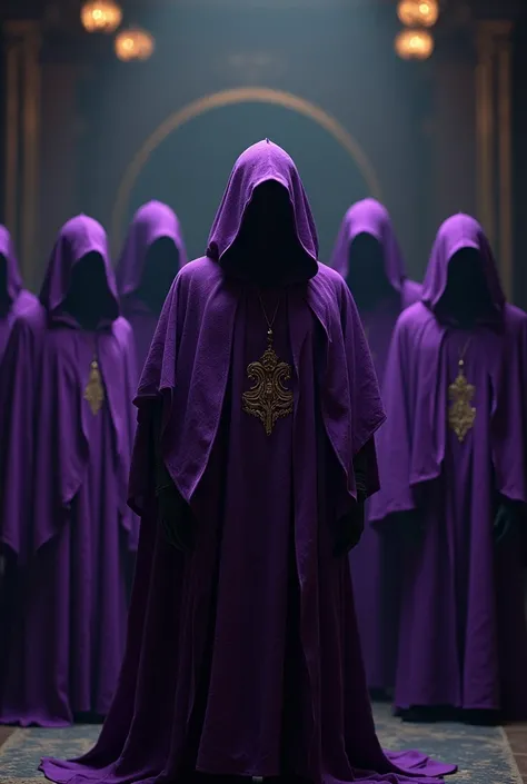 Create an image of Gangshomens members and women they wear purple robes