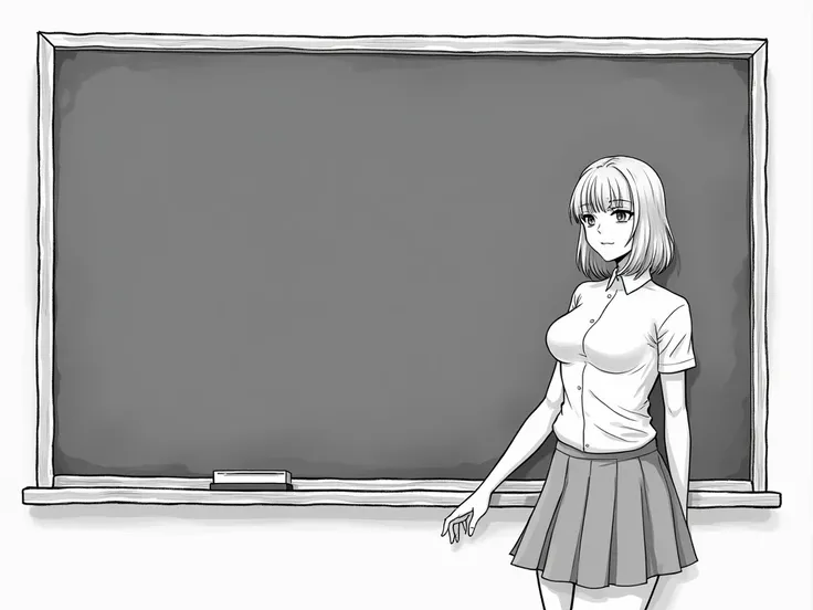  There is a blackboard with nothing written on it . The blackboard is facing the front . 
 There is a female teacher on the outside of the blackboard . The teacher is looking ahead .
 The teachers left hand is down, ,  Her right hand is stretched out and s...