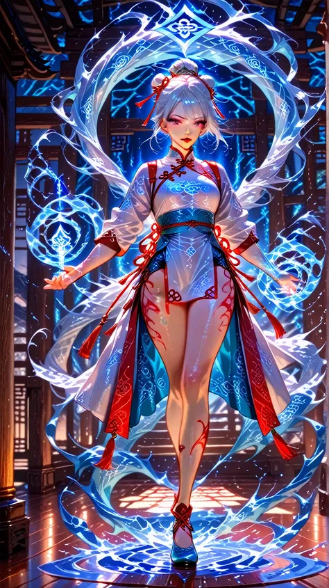 Full body, china girl , 1 woman, white hair, red lip, beautiful skin, white dress Phoenix pattern, sword, water magic, blue water, Sword at the side of the body 