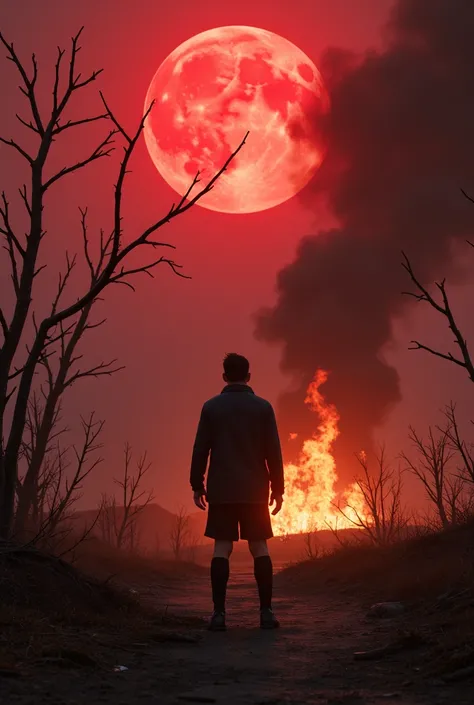 /imagine prompt: lionel messi burning cristiano ronaldos house under a bloody red full moon in a deserted place filled with dead trees:: --aspect 16:9 