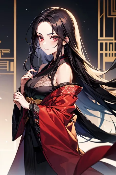 Character portrait（ standing upright with the whole body visible from head to toe） Taisho romantic madam fortune teller {x} woman in her late 20s to 30s with long dark hair with a raised forehead（ wearing a black veil 、Hair down）、Older sister、 there is lit...