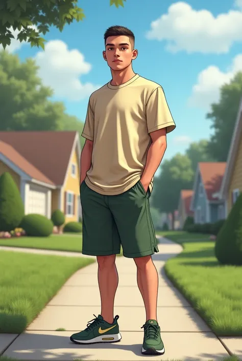  Create a young man with very short hair who wears a beige gym shirt , Nike air max sc shorts and shoes in dark green ,  with an American suburb background in which the subject does not interrupt the image above 