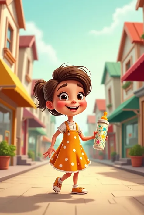 A cartoon-like mom buying a baby bottle and taking it home after buying it