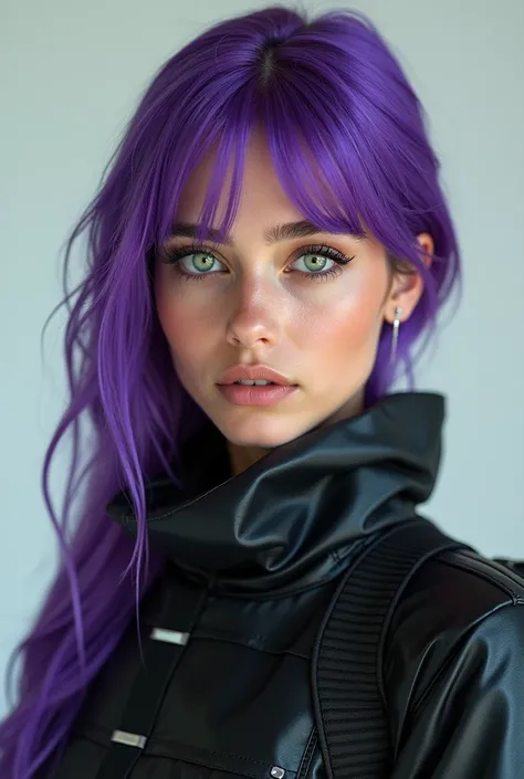 A middle eastern 19-year-old girl with purple hair with a square, bright green eyes, stylish futuristic combat gear, professional photo, aesthetically pleasing, beautiful, realistic, high resolution, high detail, ISO 100, f/2.8, 4k, 1/250s, 30mm lens