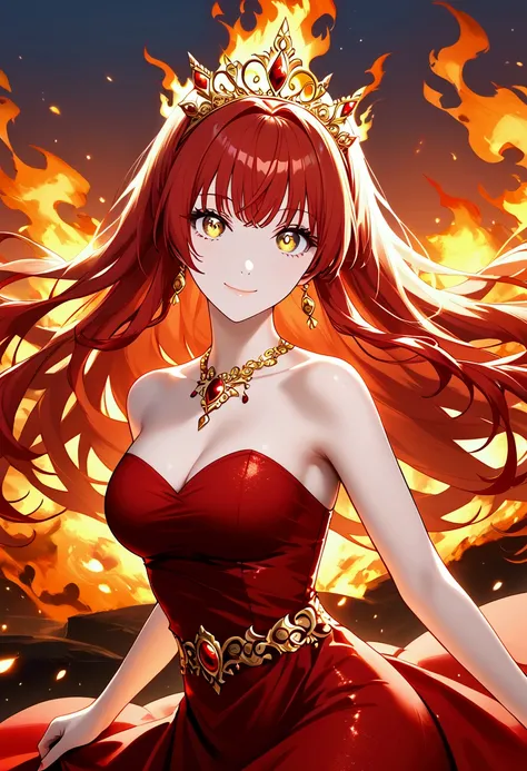 masterpiece, best quality, highres, absurdres, official art, expressive eyes, large eyes, 19 years old, scarlet hair, long hair, flowy hair, wavy bangs, curvy bangs, tiara, gold eyes, looking at viewer, smile, strapless red dress, gold jewellery, bare shou...