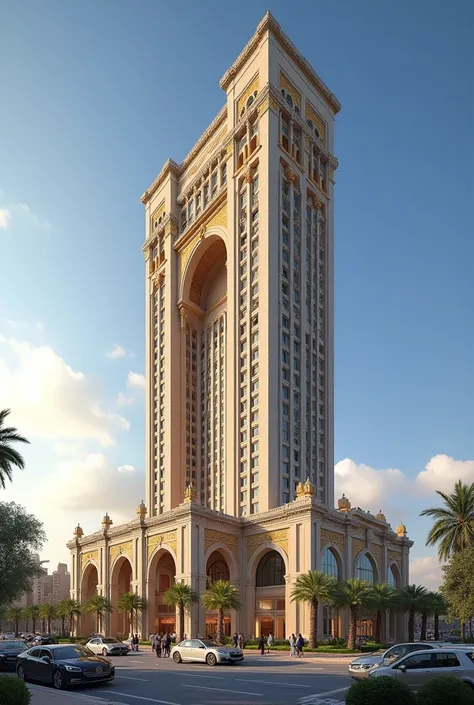 An hotel near a stadium of football, the hotel has 17 floors and it has an parking underground. The hotel is like Hassan tower in Rabat city, Morocco... 7 stars hotel