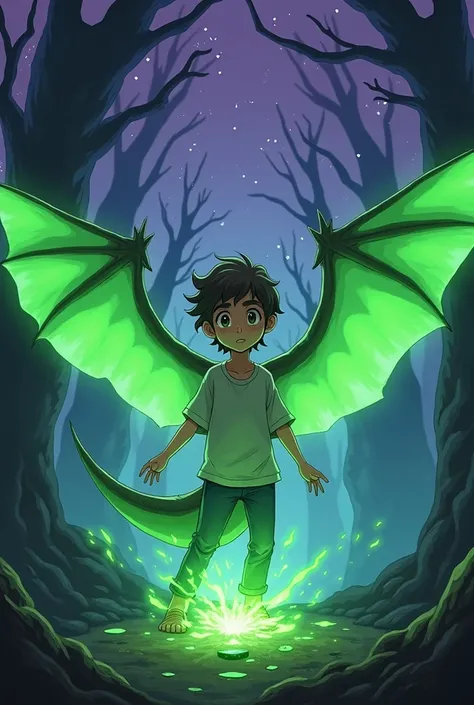 ( Anime-2D ) A dramatic and magical scene featuring a teenage boy (Dave) mid-transformation into a dragon hybrid. His glowing green wings spread wide, casting vibrant emerald light across the dark, enchanted forest. His expression shows awe and determinati...