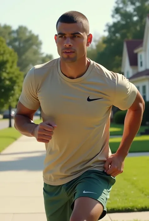 Create a realistic image of a young man with very short hair wearing a beige gym shirt , Nike air max sc shorts and shoes in dark green ,  with an American suburb background in which the subject does not interrupt the image above 