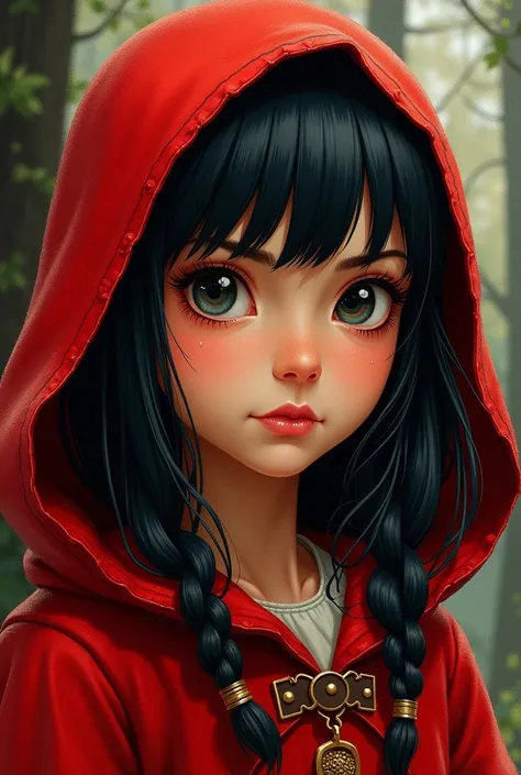 Little Red Riding Hood in the forehead with black hair in illustration