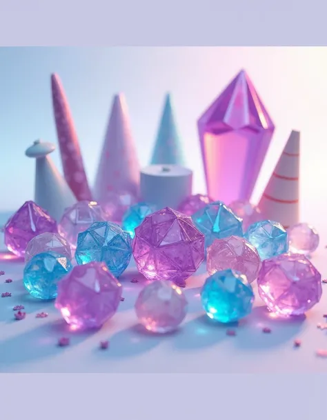 different candies of purple, blue, aquamarine and pink crystal-like colors, together with various tools with which candies are made, such as trays, pastry bags and with which it is stirred