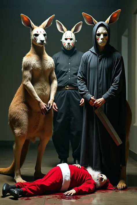  Squad of tall kangaroos dressed as one of Jasson the killer of Friday the 13th,  the other dress of Michael Mayers the killer, The other one dressed in the mask of death , From the waist down humans all , Without masks on the floor a Santa Claus killed by...