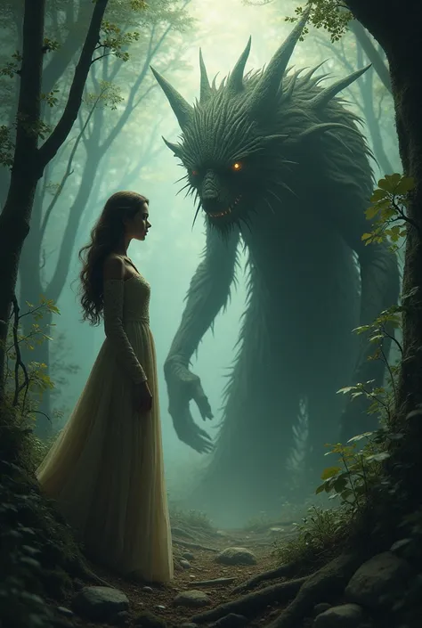 Create a woman with a monster in the middle of a confused forest