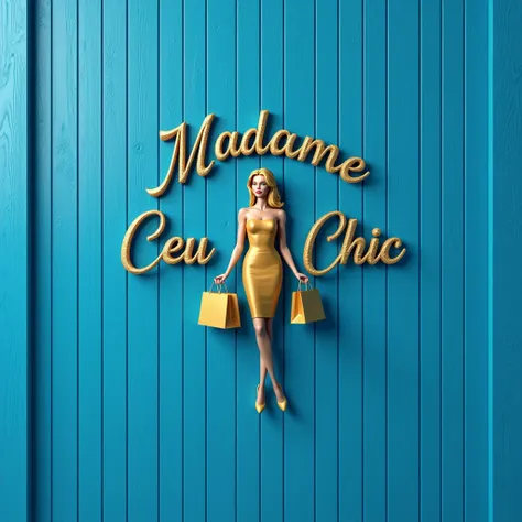 A 3D logo centered renderizado design on a  blue wood wall. The logo features the name MADAME CEU CHIC in an elegant and professional font positioned at the top. Below the name, there is an illustration of a stylish woman holding a shopping bag in a golden...