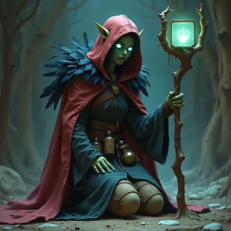 A kneeling witch,  Elf with soft green skin and eyes that shine in pale blue, with dark-toned clothes ,  she wears a hood in a reddish color but a dark shade And dirty ,  her cover is made of large feathers in shades of blue and black , Her clothes are rag...