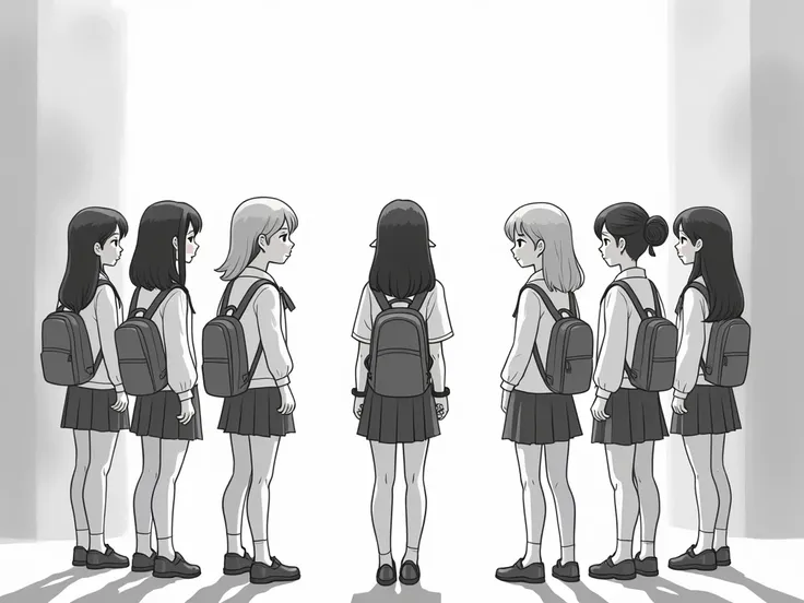 일본풍 2D illustration. .  There are 7 students standing in the same school who look like high school students. All 7 are girls and mature .  The students are all looking in front of the screen and talking . There is a gap between students . There is no surro...