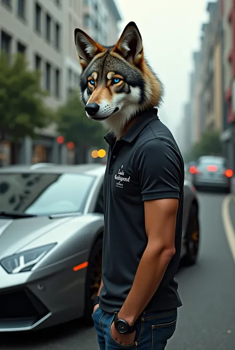 From a young man on his back he bears the name of Luis Rodríguez next to a modern Lamborghini. The young man has a wolfs head with blue eyes  .  Q the Lamborghini looks complete and the young man also has his name well on his back and that he has a polo sh...