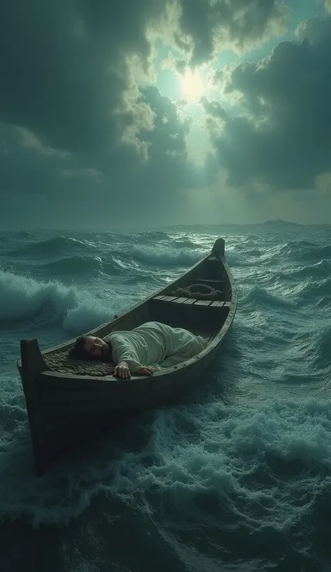 (image:  Jesus sleeping peacefully on the bottom of the boat)
🎤 narrator:
"And the most impressive thing ?  Jesus was sleeping peacefully ,  while the storm took hold of everything !  How He was able to sleep in the midst of chaos ?" Ultra realistic 