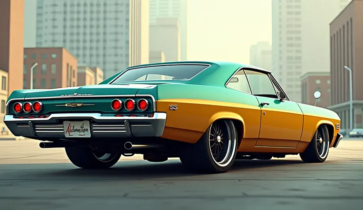 A classic car, a custom Impala SS, is depicted from a slightly elevated, rear three-quarter perspective. The car is positioned in the center of the image, with its rear end angled towards the viewer.  It features a blend of teal-green and mustard-yellow hu...