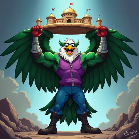 green muscular winged eagle in silver bracelets, black boots , wearing blue pants ,  in a purple zippered sleeveless sweater, wearing red gloves , with glasses in front of his eyes, he holds a fortress in his hands above his head in cartoon style