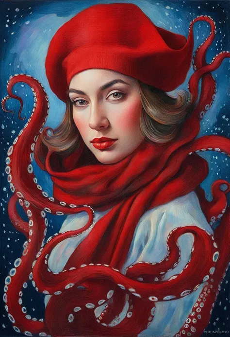  painting of a woman wearing a red hat and a red scarf,  inspired by Konstantin Vestchilov , portrait of the Goddess Octopus ,  inspired by Tomek Setovskys painting , in the painting by Nadya Rusheva, by Olga Rozanova,  inspired by Alexander Deineka , by T...