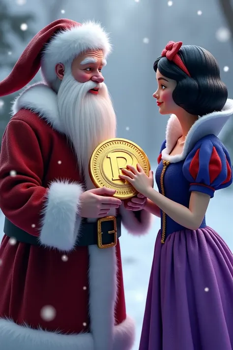 Santa Claus and Snow White in purple Christmas clothes holding hands each holding a large gold coin that says PI Network