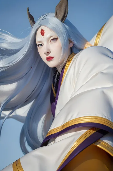 masterpiece,best quality,highly detailed,ultra-detailed,an extremely delicate and beautiful,1girl, solo,kaguya,  long hair, absurdly long hair, third eye,horns,  pale skin,white short eyebrows,  white kimono, floating hair,  looking at viewer