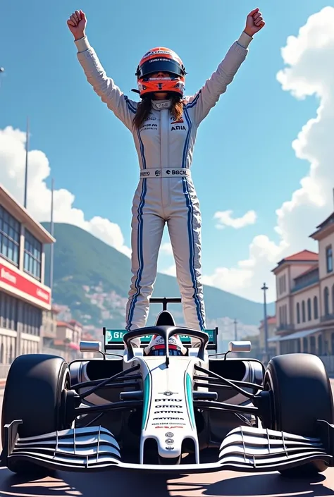  A female driver from the Williams team celebrating victory in a Formula 1 Grand Prix, in Monaco .  She is on her back and with her helmet on .  She is standing on the car .  She is very excited to win .  Her hair is tied up.