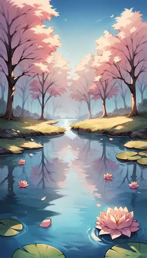 bottom, forest, Pond in the middle,  cherry blossoms , Evening, officer, blue sky, Blue grass , reflection,  High level of detail , water lily leaves,  lyrics