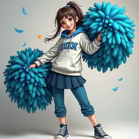 High school girl wearing a blue hoodie, holding pompoms, wearing a black pleated skirt, and sneakers