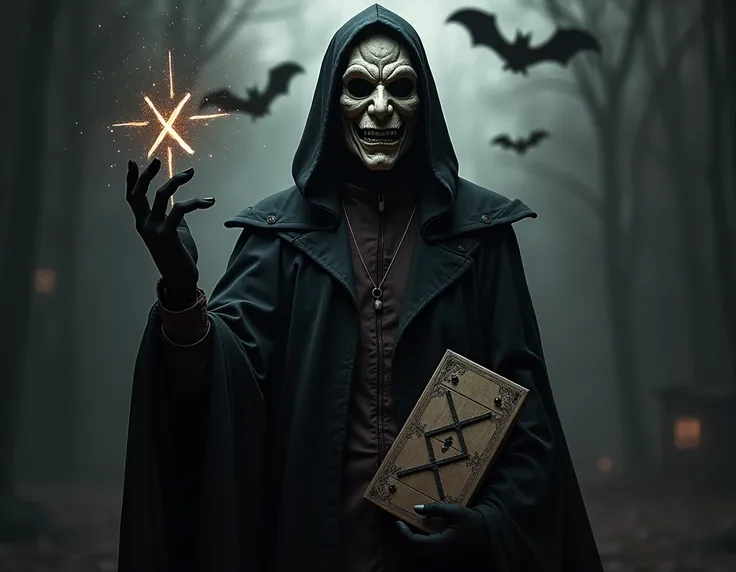 a holy villain that holding trap board one hand and dark magic another hand. he has mask and he is phonky. back theme is dark and there are bats. he is smiling and there are X symbols out of his masks.