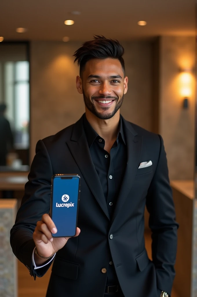  Neymar jr. in a luxurious environment,  centered on the ,  looking directly at the camera with a confident smile .  He wears a modern and elegant suit in dark tones ,  with refined details ,  as a luxury watch and discreet accessories ,  but sophisticated...