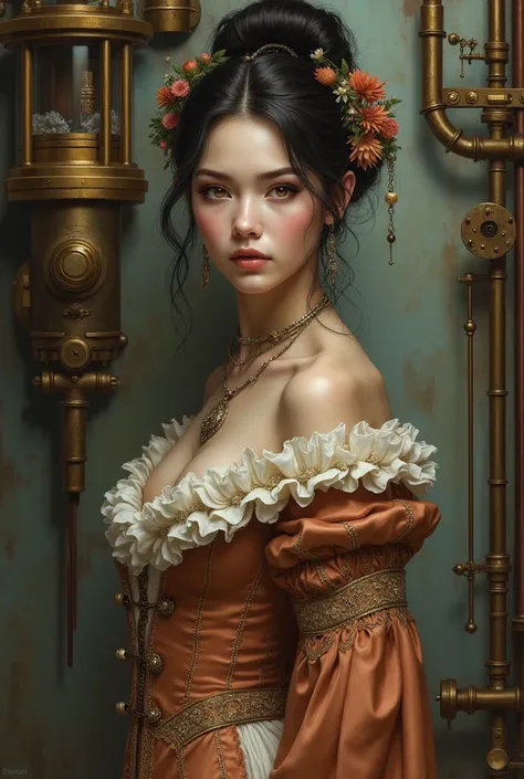  noble woman steam punk without gears, beautiful but physically weak-looking ,  woman, Not an Asian 
