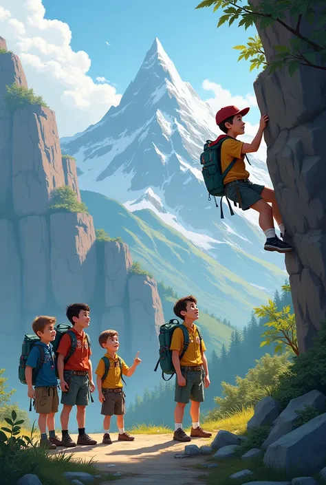 An image of a scout group having fun in the mountains
One of them rock climbing 
They all wear uniforms