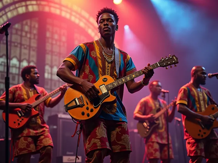 (photorealism),   very handsome young Congolese artist on a lively stage, dressed in colorful Congolese outfits ,  surrounded by musicians playing rumba .