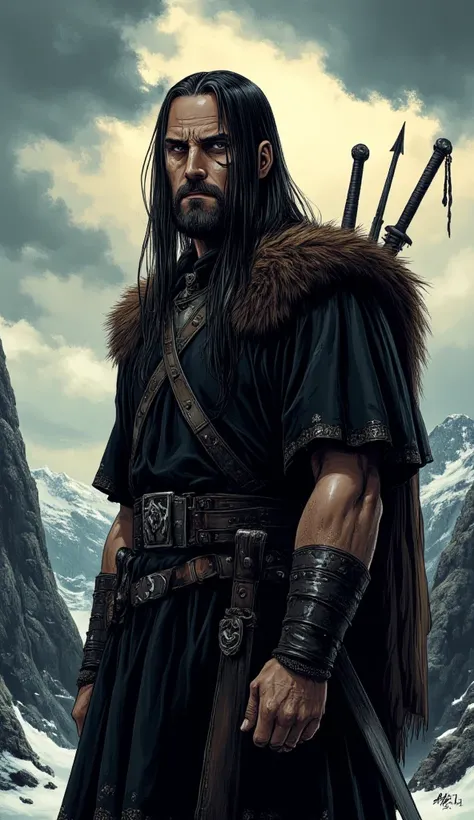 Comics art style, Thorgal aigerson, 30 years old, light three-day stubble, horizontal cut scar under left eye, long black straight hair, black tunic with short sleeves to the knees, leather belt, quiver hanging on the back, sword attached to the belt, a ma...