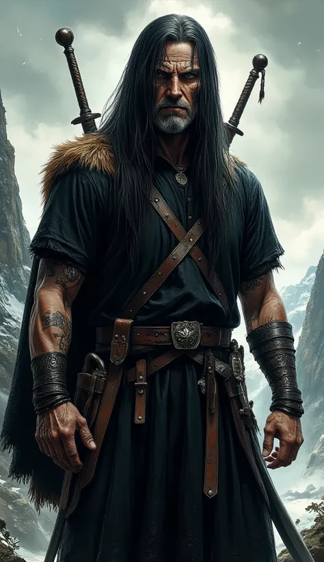 Comics art style, Thorgal aigerson, 30 years old, light three-day stubble, horizontal cut scar under left eye, long black straight hair, black tunic with short sleeves to the knees, leather belt, quiver hanging on the back, sword attached to the belt, a ma...