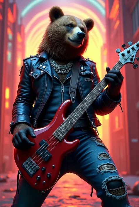 Create me a Chromostereopsis image of a bear wearing rock and roll clothing playing a bass guitar